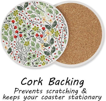 AD Set of 6 Coasters for Drinks Absorbing Round Ceramic Stone Coaster with Cork Base Tabletop Protection Mat for Mugs and Cups,Office,Kitchen (Bontanicals)