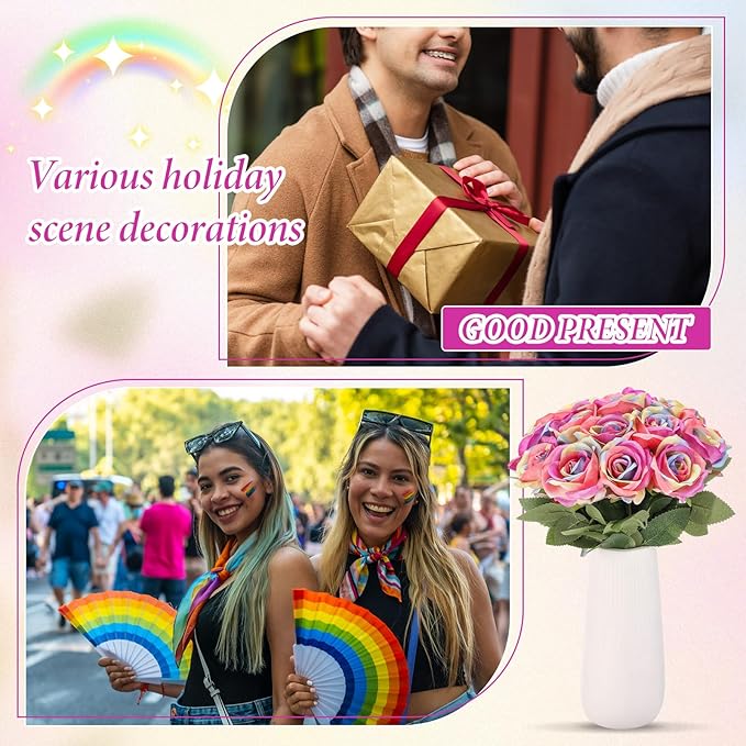 Hotop 20 Pcs Artificial Rose Flowers with Long Stem,Real Touch Silk Realistic Plastic Bouquet Roses Bulk for Home Decor Bridal Wedding Party Table Centerpieces Decorations(Rainbow)