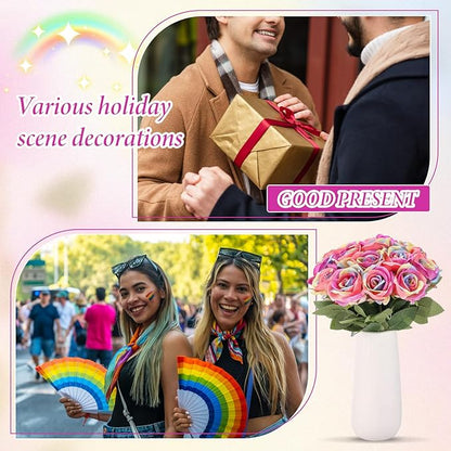 Hotop 20 Pcs Artificial Rose Flowers with Long Stem,Real Touch Silk Realistic Plastic Bouquet Roses Bulk for Home Decor Bridal Wedding Party Table Centerpieces Decorations(Rainbow)