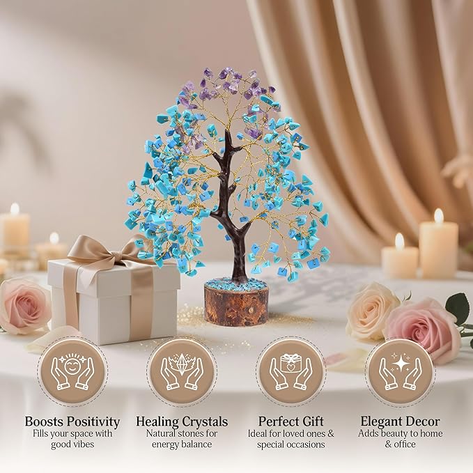 FASHIONZAADI Amethyst and Turquoise Crystal Tree of Life - Crystal Decor - Spiritual Gifts - Crystals Gifts for Women - Gemstones and Crystals