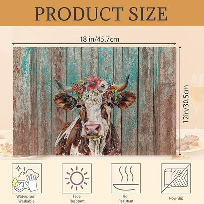 Highland Cow Retro Placemats Set of 6 Washable Table Mats for Kitchen Dining Table,Heat-Resistant Place Mats for Indoor Outdoor Party Holiday Decoration