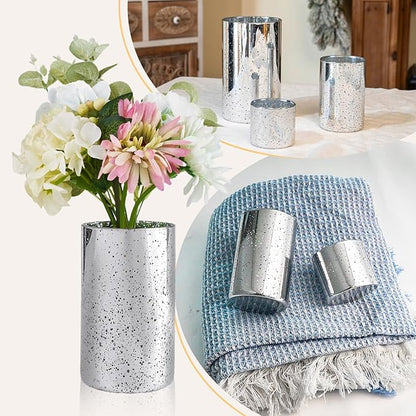 CHILL RECIPE Silver Cylinder Vases Glass Candle Holders Bulk, Mercury Hurricane Candle Holder Small Flower Vases for Centerpieces Tea Light Pillar Votive Candles Wedding Decor Party (4 Set 12Pcs)