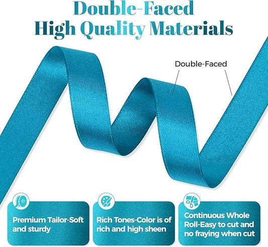 Premium Double Faced Turquoise Blue Satin Polyester Ribbon, 5/8 Inch X 50 Yards, Luxury, Perfect for Gift Wrapping, Crafts, Wedding Decor, Special Occasions