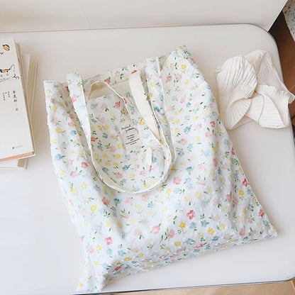 Cotton Canvas Tote Bag Reusable Soft Grocery Cloth Bag Floral Shoulder Bag for Beach Travel Shopping