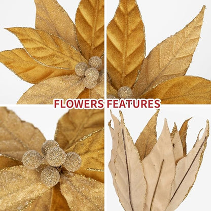 Hollyone 3PCS Poinsettia Christmas Flowers Artificial 11" Large Velvet Gold Glitter Poinsettia Flowers Christmas Tree Ornaments Floral Picks for Tree Wreath Garland Vase Table Centerpiece Home Decor