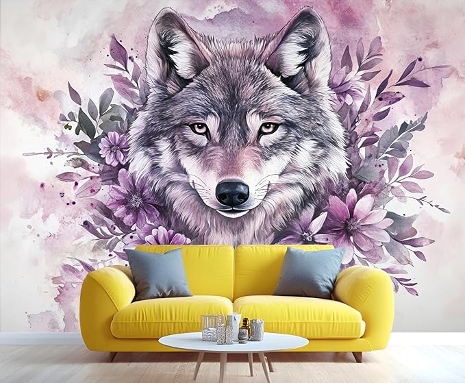 Wolf with Floral Watercolor Wall Mural, Purple Wolf Watercolor Art 3D Wall Murals, Art Flower Painting Wallpaper Mural, for Living Room Bedroom Large Wallpaper Indoor Decor 98.4" W x68.9 H