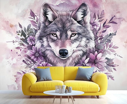 Wolf with Floral Watercolor Wall Mural, Purple Wolf Watercolor Art 3D Wall Murals, Art Flower Painting Wallpaper Mural, for Living Room Bedroom Large Wallpaper Indoor Decor 118" W x 82.6 "H