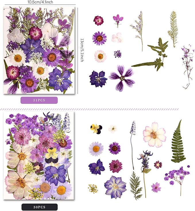 140 PCS Purple Real Pressed Dried Flowers and Leaves with Butterfly Stickers & Tweezers – Natural Dried Flowers for Resin, Candle, Jewelry, Scrapbooking & DIY Crafts (Purple 140)