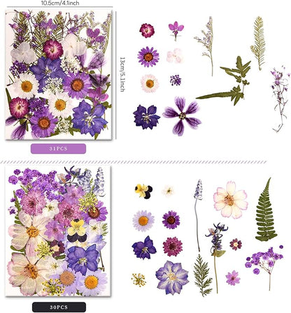 140 PCS Purple Real Pressed Dried Flowers and Leaves with Butterfly Stickers & Tweezers – Natural Dried Flowers for Resin, Candle, Jewelry, Scrapbooking & DIY Crafts (Purple 140)