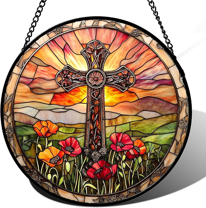 Christian Gifts for Women - Cross Stained Glass Window Hanging Jesus Easter Poppy Sunset Landscape Sun Catcher Garden Religion Decor Mother's Day Catholic Gift for Men Grandma Mom Her 6.3"