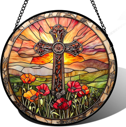 Christian Gifts for Women - Cross Stained Glass Window Hanging Jesus Easter Poppy Sunset Landscape Sun Catcher Garden Religion Decor Mother's Day Catholic Gift for Men Grandma Mom Her 9.8"
