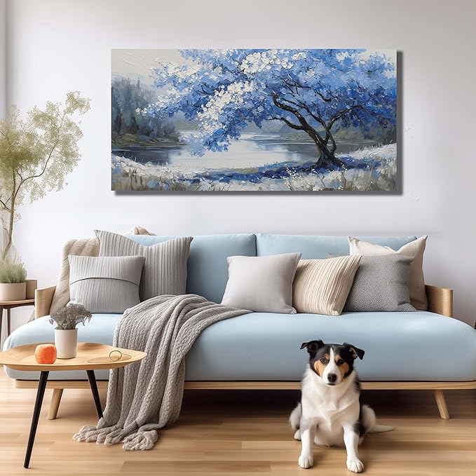 JuhaiArt Blue Wall Art White Picture Art Scenery Wall Decor Tree Wall Art Canvas for Living Room Bedroom Home Office Prints Gray Artwork 24" x 48"