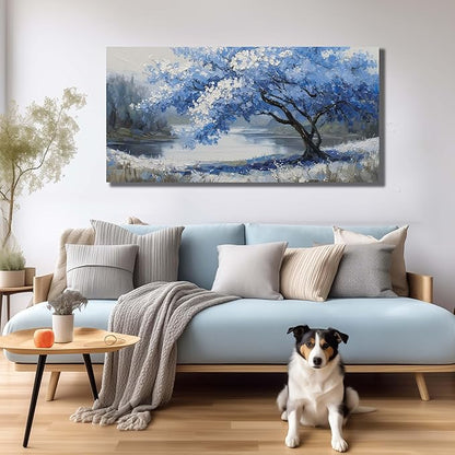 JuhaiArt Blue Wall Art White Picture Art Scenery Wall Decor Tree Wall Art Canvas for Living Room Bedroom Home Office Prints Gray Artwork 24" x 48"