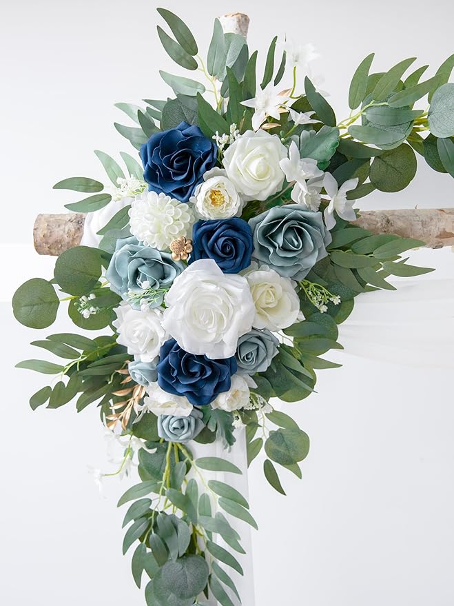 PONATIA Wedding Arch Flowers Kit (Pack of 3) with 26Ft White Arch Draping Fabric, Dusty Blue Flowers for Ceremony and Reception Wedding Decoration
