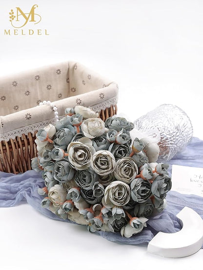 Meldel 32Pcs Ranunculus Artificial Flower, Dusty Blue Mini Rose Faux Ranunculus Flowers for DIY Bouquet, Bulk Fake Peony Wedding Filler Flowers for Centerpieces Arrangements Bridal Shower Decorations