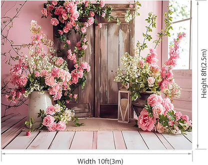 AOTOFO 10x8ft Rustic Wood Floral Backdrop for Baby Shower Newborn Studio Picture Photography Wooden Door Pink Flower Wall Background Wedding Bridal Shower Birthday Party Photoshoot Booth Banner