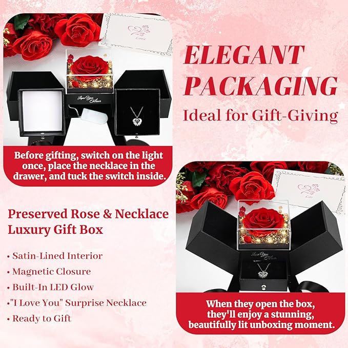 FIACO Gifts for Women Preserved Real Roses with I Love You Necklace Fresh Forever Flowers Birthday Gifts for Mom Grandma Wife Girlfriend on Anniversary Christmas Valentines Romantic Gift