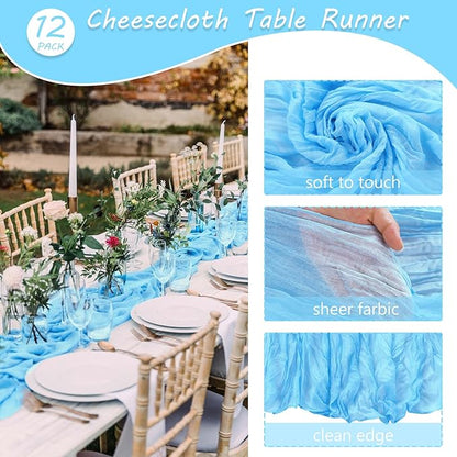 12 Pack 10Ft Cheesecloth Table Runner 35x120 Inch Boho Gauze Table Runner Rustic Cheese Cloth Long Romantic Table Runners for Wedding Bridal Shower Birthday Party Table Decor (Baby Blue)