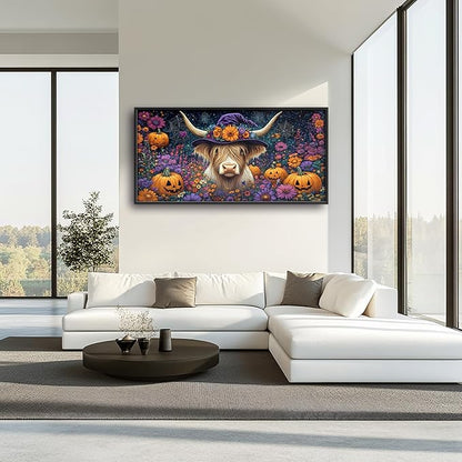 Highland Cow with Halloween Large Decor Wall Art Framed Pictures for Living Room, Pumpkins Oversized Canvas Print Painting Modern Extra Large Framed Artwork for Bedroom Office Home Decor 60"x30"