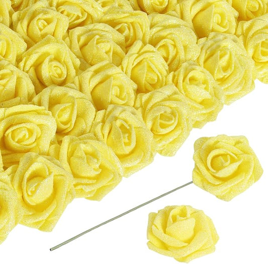 Yellow Glitter Roses 30 PCS Foam Flowers Glitter Roses with Stem Artificial Flowers for DIY Wedding Bridal Bouquet Party Centerpieces Decor(Yellow)