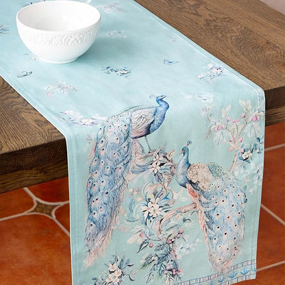 Maison d' Hermine Tablerunners 100% Combed Cotton Premium Table Runner Decorative Table Cover, Home, Kitchen, Peacock Utopia - Pastel Turquoise, Double Layer - (14.5"x72")