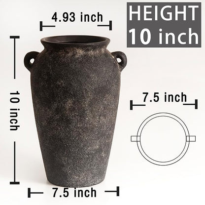 Terracotta Vase 10inch Tall, Farmhouse Distressed Ceramic Pottery, Unique Textured Stoneware Mantel Decoration, Black Boho Vintage Stone Vases for Flowers, Centerpieces, Living Room.