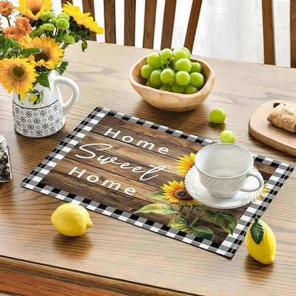 Farmhouse Sunflower Placemats Set of 4, Home Sweet Home Place Mats, Rustic Dining Table Mats, Washable Placemats for Kitchen Dining Room Home Decor 18L'' × 12W''