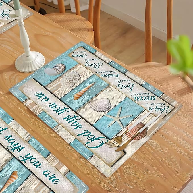 Coastal Seashell Placemats Set of 6 Ocean Nautical Table Mats Washable Place Mats for Home Party Indoor Kitchen Dining Table Decoration 12x18 Inch