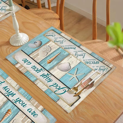 Coastal Seashell Placemats Set of 6 Ocean Nautical Table Mats Washable Place Mats for Home Party Indoor Kitchen Dining Table Decoration 12x18 Inch