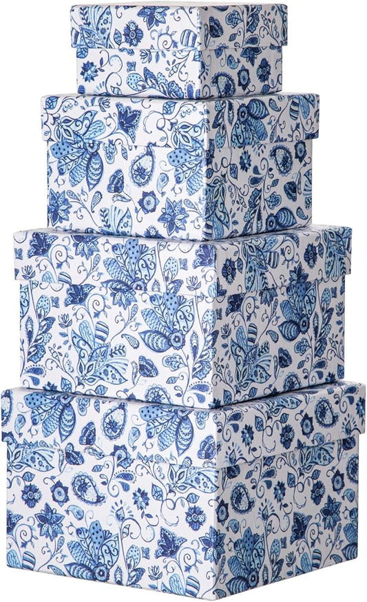 Briful Square Gift Boxes with Lids 4PCS Blue Flower Print Gift Box for Presents Nesting Assorted Sizes Present Boxes for Christmas Birthday Valentines Party Gift Wrap