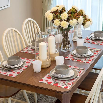 Fruit Linen Placemats Set of 6 Pink Strawberry Placemats for Indoor Outdoor Party Home Desktop Kitchen Dining Room Decor 12x18 Inch