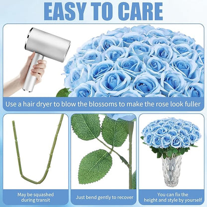 36 Pcs Sky Blue Artificial Roses with Long Stems, Blue Fake Silk Rose Artificial Flowers Bulk for Bridal Wedding Bouquet Centerpiece Ball Arrangement Party Decor