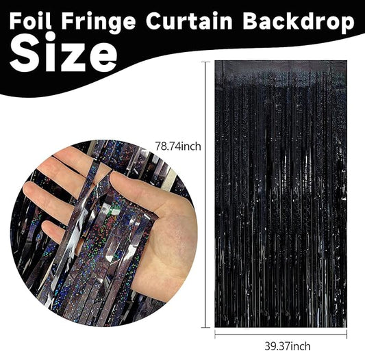 2 Pack Black Streamers Birthday Decorations Tinsel Backdrop Black Foil Fringe Curtain Halloween Party Decorations Wednesday Graduation Wizard Party Decor