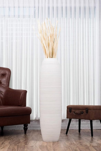Leewadee Large 41″ Tall Floor Vase, White - Handcrafted Mango Wood for Pampas & Dried Stems