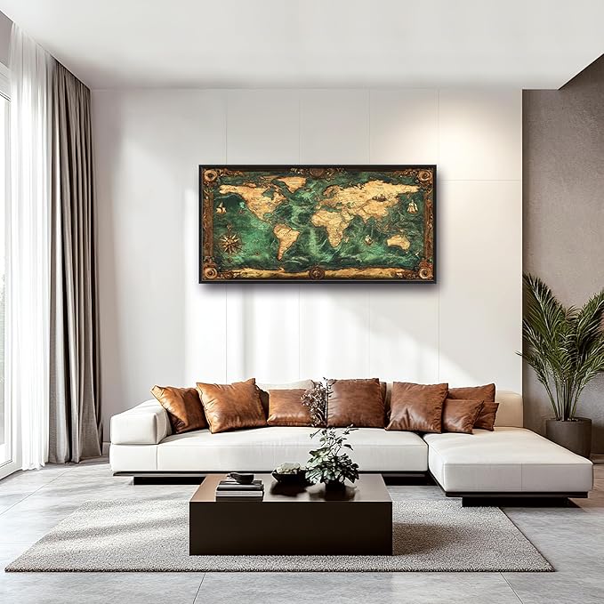Vintage World Map Large Wall Art Nautical Framed Wall Decor for Living Room, Map Pictures Oversized Canvas Print Painting Modern Extra Large Framed Artwork for Bedroom Office Home Decor 60"x30"