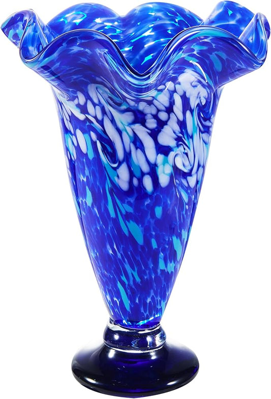 Luxury Lane Hand Blown Cobalt Blue Confetti Art Glass Flower Vase for Home Decor 12 inch Tall Centerpiece Table Decoration