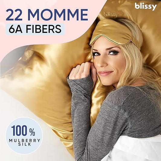 Blissy Silk Pillowcase - 100% Pure Mulberry Silk - 22 Momme 6A High-Grade Fibers - Silk Pillow Cover for Hair & Skin - Regular, Queen & King (Gold, Standard)