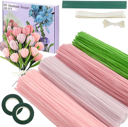 400 Pcs Pipe Cleaners Craft,4 Assorted Colors Pipe Cleaners Bulk, Chenille Stems for DIY Flower Making Kit with Floral Wires, Gardening Tape,Stamen& Ribbon (Pink)