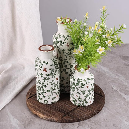 Ceramic Vase Set of 3 - Modern Chinoiserie Green Floral Decorative Vases for Home Decor, Rustic Farmhouse Boho Vases for Living Room, Mantel, Dining Table, Bookshelf, Kitchen or Entryway Decoration