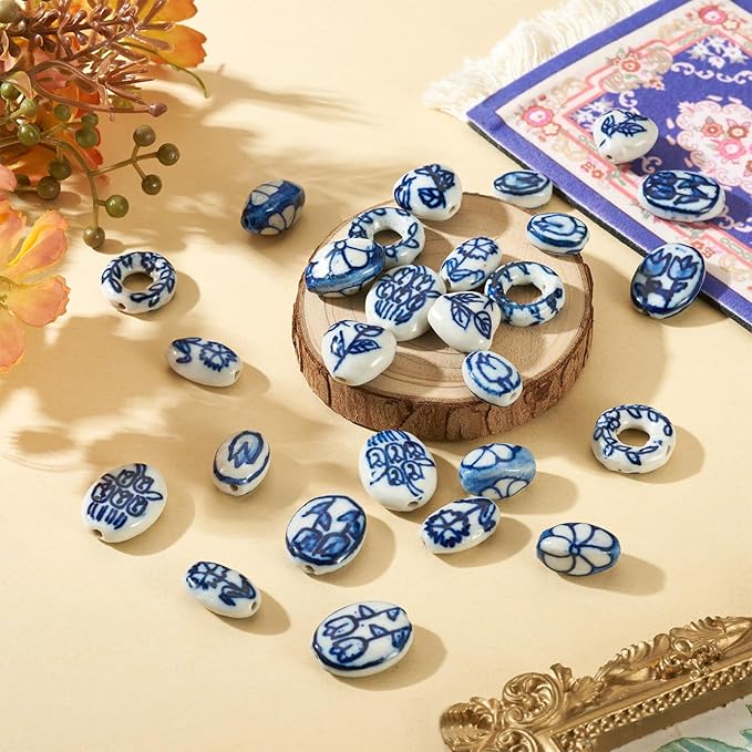 Beadthoven 28Pcs 7 Styles Flower Printed Porcelain Beads Blue White Handmade Ceramic Beads Vintage Floral Oval Barrel Heart Donut Shaped Spacers for DIY Jewelry Making Bracelets Necklace Beading Kit