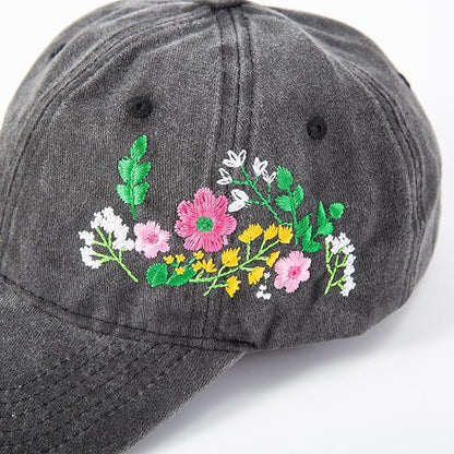 Cute Embroidered Flower Hat, Adjustable Black Cotton Baseball Cap for Women Men, Gifts for Flower Lovers