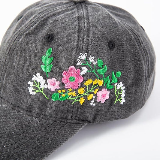 Cute Embroidered Flower Hat, Adjustable Black Cotton Baseball Cap for Women Men, Gifts for Flower Lovers