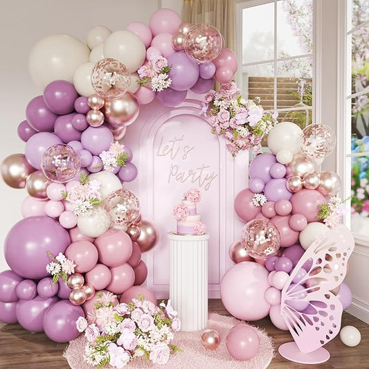Dusty Purple Balloon Arch Kit, 152Pcs Dusty Pink White Sand Lavender Lilac Light Purple Champagne Gold Confetti Balloons for Baby Bridal Shower Wedding Engagement Birthday Party Decorations