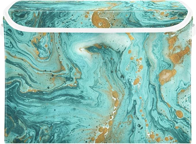 Senya Collapsible Storage Bins with Lids, Golden and Turquoise Marble Teal Storage Boxes for Organizing
