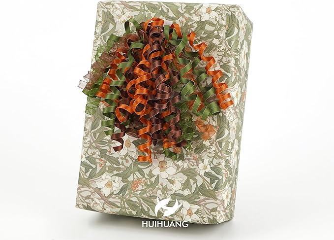 HUIHUANG Fall Bows for Gift Wrapping Moss Green/Orange/Brown Curly Bows with Self Adhesive & Twist Tie, 7 inch Sheer Satin Ribbon Bow for Presents, Gift Basket, Fall Decor, Party Favors- 6 Counts