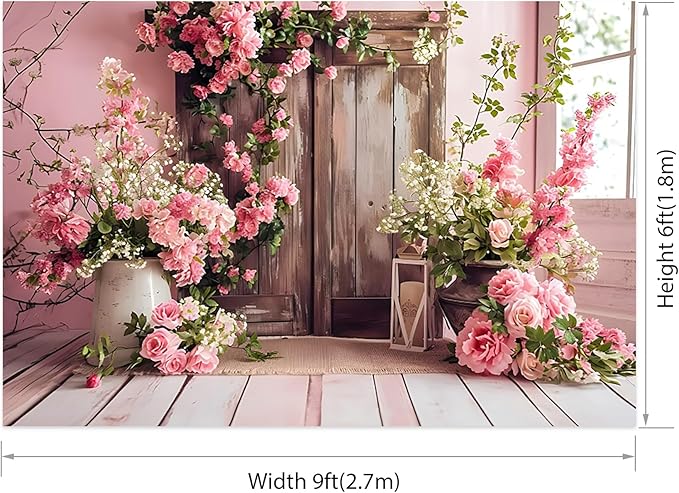 AOTOFO 9x6ft Rustic Wood Floral Backdrop for Baby Shower Newborn Studio Picture Photography Wooden Door Pink Flower Wall Background Wedding Bridal Shower Birthday Party Photoshoot Booth Banner