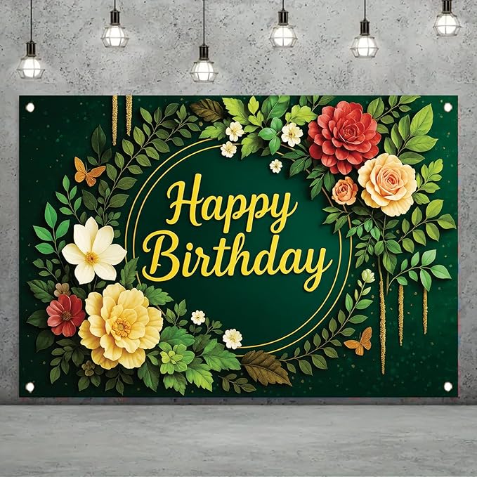 Greenery Birthday Backdrop Green Floral Banner Butterfly Happy Birthday Photography Background for Women Girls Lady Newborn Baby Shower Party Supplies Photo Booth Props 71 x 43 Inch
