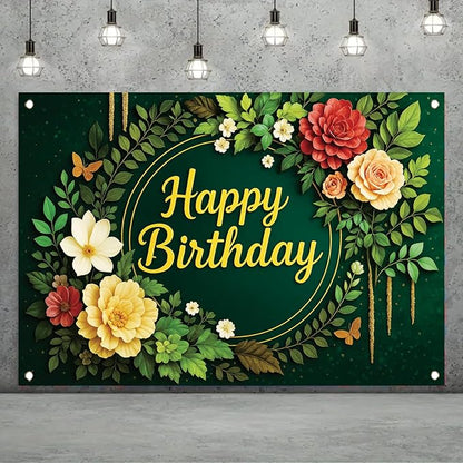 Greenery Birthday Backdrop Green Floral Banner Butterfly Happy Birthday Photography Background for Women Girls Lady Newborn Baby Shower Party Supplies Photo Booth Props 71 x 43 Inch