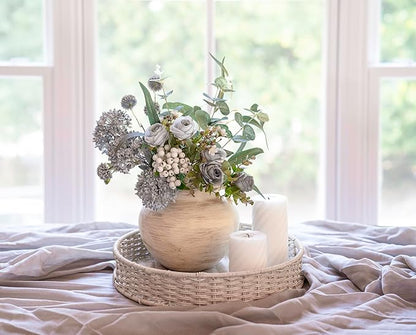 Handmade Beige White Two-Ear Ceramic Vase, Textured Pottery Vase with Two Ears for Centerpieces, Kitchen, Living Room, Bedroom Decor Gifts (Beige White, Short)