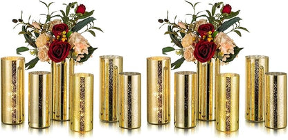 Glasseam Gold Cylinder Vases for Centerpieces: 12 Modern Mercury Hurricane Glass Vase Set for Flowers - Decorative Golden Pillar Candle Holders for Wedding Party Dining Room Table Decor
